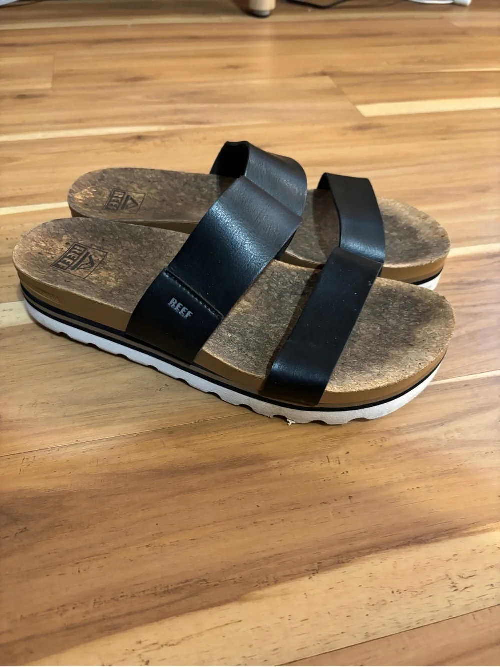 Reef Women's Black Double-Strap Platform Slides with Cork Footbed